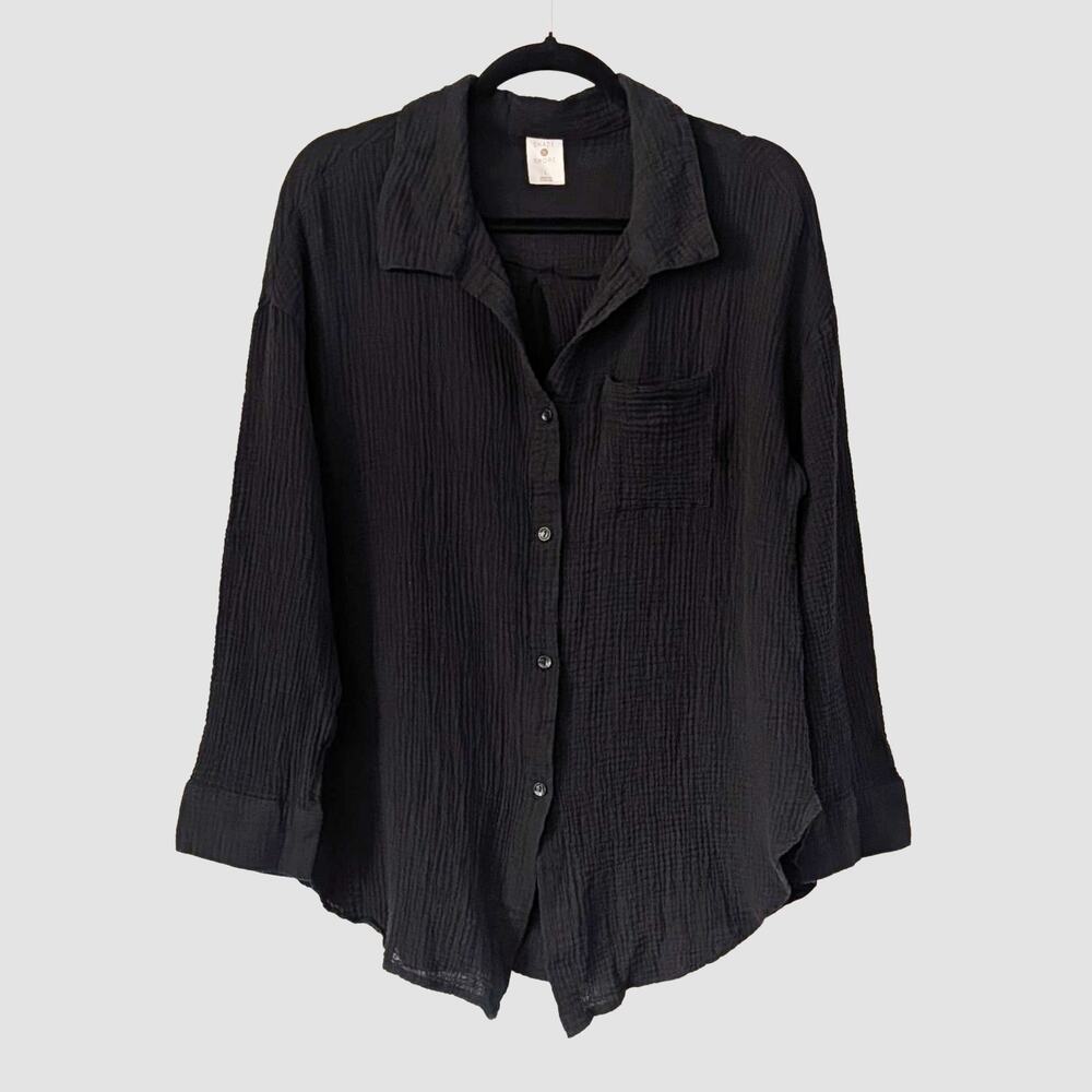 Shade & Shore Black Cotton Gauze Button Front Cover Up Shirt Large Beach Resort
